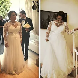 Linia Plus Size Suknie Ślubne Urocze Serce Koronkowe Aplikacje Top Illusion Długie Rękawy Tulle Suknie Ślubne z perełami