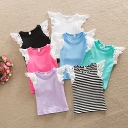 Baby Mädchen Kleidung Säuglings Tank Tops T-Shirts Fliegende Ärmel Reine Baumwolle Spitzenhemd Kinder Mädchen Gestreifte Weiche Weste Sommerkleidung 7 Farben Für 0-5 T