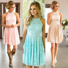 Fast Shipping Lace Bridesmaid Dresses 2017 with Beaded High Neck & Zip Back Mint Blush Champagne Short Junior Maid Dress In Stock Homecoming