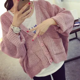 Wholesale-2015 Campus wind Student's spring autumn solid wild knitted sweaters women batwing sleeve cardigans girl short style waistcoat