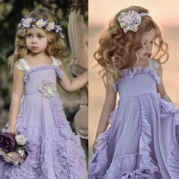 紫色のレースのアップリケの花の女の子の服を着るSemareの首の聖体拝領のドレスの床の長さのラインプリンセスガウン