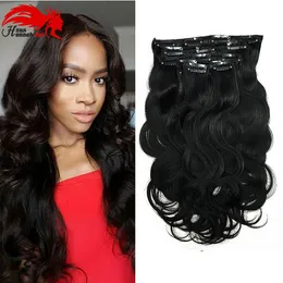 Hannah Clip in Human Hair Extensions Fala Ciała 140g Remy Włosy Naturalny Kolor 10 Sztuk / Zestaw 10-26 cali