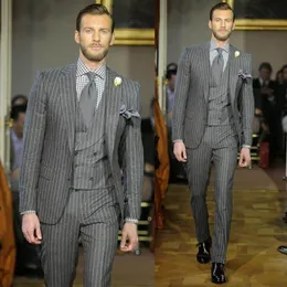 New Design Gray Stripe Groom Tuxedos Groomsmen Best Man Suits Mens Wedding Blazer Suits (Jacket+Pants+Vest+Tie) NO:589