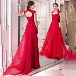 Arabiska Sheer Crew Neck Backless Appliques Long Evening Dresses Cap Sleeves Red Chiffon Gorgeous Vestidos De Fiesta Prom Klänningar