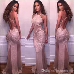 2022 Sexig Ny Dusty Rose Mermaid Prom Klänningar Halter Neck Lace Appliques Sexig Backless Evening Dresses Formell Party Pageant Gowns Ba4359
