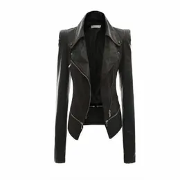 Wholesale- Mulheres jaqueta de couro Rebite zipper jaqueta de motocicleta recolher colar Chaquetas mujer argyle padrão jaqueta de couro s-3xl