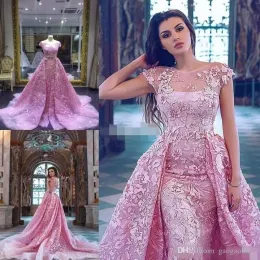 Luxo Rosa Sereia Vestidos de Baile Com O Trem Destacável Lace Appliqued Vestidos de Noite Formais Mangas Curtas Jóia Decote Vestido de Festa