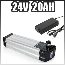 Powerful silver fish case 24v 20ah e-bike battery 24 volt lithium battery pack with charger 24v 500w electric bicycle battery