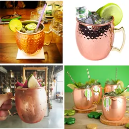 530 ml Moskva Mule rånar 304 Rostfritt stål Hammered kopparpläterad med handtag Rose Gold Drum Style Drinkware Beer Coffee Cocktail Drink Cups