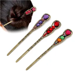 Vintage Bronze Disk Hair Device Alloy Hairpins Colorful Rhinestone Metal Pins Long Updo Headwear for Women Fashion Accessories