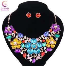 Women Fashion Statement Necklace earrings sets Bridal Wedding Party Necklace Flower Type Golden Plated Crystal Jewelry Sets