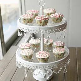 Suporte de bolo de vidro 2 camadas, ferro branco, bandeja de exibição de biscoitos, mesa, fornecedor de decoração de festa de casamento, ferramentas de bolo de confeitaria