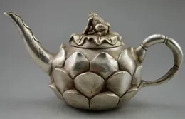 Collectible Decorated Old Handwork Tibet Silver Carved Lotus Groda Tea Pot