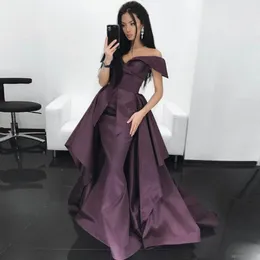 Grape Satin Prom Dresses Sexy Off The Shoulder Mermaid Evening Dresses With Overskirts Sweep Train Arabic Formal Party Dress Vestidos