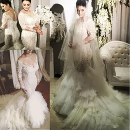 Illusion Neck Długie Rękawy Suknie Ślubne 2017 Zroszony Aplikacje Tulle Wielopięciowy Syrenka Sukienka Bridalowa Uroczy Kaplica Pociąg Vestido De Novi