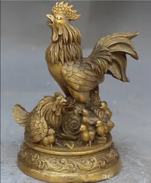 6 "Chiny Brązowy Mosiądz Fengshui Animal Cock Kogut Kurczak Yuanbao Wealth Statue