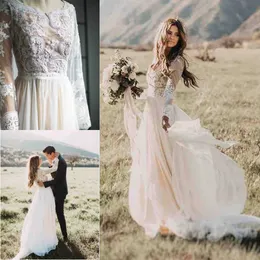 Boho Beach Lace Wedding Dresses Deep Jewel Neck A-Line Long Sleeves Floor Length Chiffon Bridal Gowns