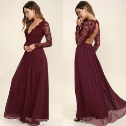 Hot Sales 2017 Burgundy Bridesmaid Dress Deep V Neck En linje Öppna Back Långärmad Spets och Chiffon Bridesmaids Party Dresses