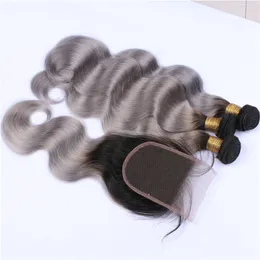 Silver Grey Ombre Brazilian Human Hair Weaves 3 Bundles With Closure Body Wave #1B/Grey Ombre 4x4 Lace Closure With Extensions 4Pcs Lot
