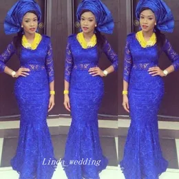 Ny ankomst African Royal Blue Lace Aftonklänning Högkvalitativ 3/4 Långärmade Kvinnor Party Gown Plus Storlek