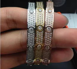 Homens e mulheres de aço de titânio adoram pulseiras de parafusos com pulseira de ouro rosa prata de diamante CZ completo com pulseira de fenda para joias de amantes