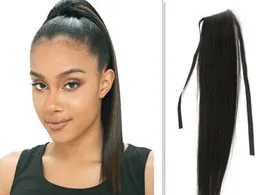 Brazylijski Sznurek Pony Ogon Ludzki Przedłużanie Włosów Prosto Wrap wokół Clip In Pony Tail 100g-160g Remy Virgin Hairpiecces Naturalny kolor