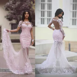 Sexy Light Pink Mermaid Evening Dresses Jewel With Applique Open Back Red Carpet Gowns Sweep Train Long Sleeves Sheer Neck Custom Made Gowns