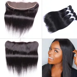 Brazilian Straight Human Virgin Hair Weaves with 13x4 Lace Frontal Ear to Ear Full Head Natural Color