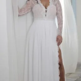 2020分割シースプランジングVネックイリュージョンレース長袖ブライダルガウンボヘミアン自由奔放に生きる花嫁フォーマルウェア安いプラスサイズのウェディングドレス