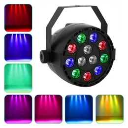 12 LED-lampor RGB Färgblandning PAR LAMP 8CH VOICE Aktiverad scenlampa LED FLAT FÖR DJ Bröllopsfest Holiday Stage Light Projektor
