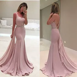 Gorgeous Pink Square Neckline Prom Dresses 2017 Sexy Backless Mermaid Suknie Wieczorowe Sweep Pociąg Koktajl Formalna Party Dress