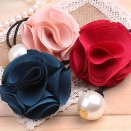 Women Girl Pearl Rose Flower Hair Band Rope Scrunchie Ponytail Holder Practical # T701