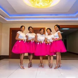 Artı Boyutu Afrika Nedime Elbise Jewel Kısa Kapaklı Kollu Aplike Dantel Diz Boyu Düğün Konuk Elbiseler Fermuar Geri