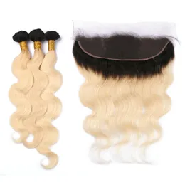 Wholesale 1B/613 Two Tone Ombre Virgin Hair With Frontal Closure 4Pcs Lot Body Wave Blonde Ombre 13x4 Full Lace Frontal With Bundles