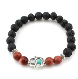 Męskie Matte Black Agate Koraliki Bransoletka, Złota Palm Natura Kamienna Bransoletka Biżuteria, Black Lava Rock Beads Bransoletka, Stretch Bransoletka