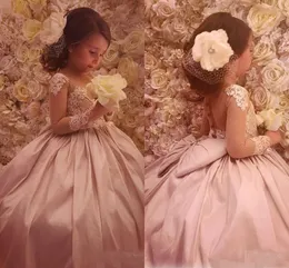 2017 Vintage Çiçek Kız Elbise Düğün İçin Jewel Boyun Uzun Kollu Dantel Aplikler Parti Doğum Günü Çocuk Communion Kız Pageant Törenlerinde