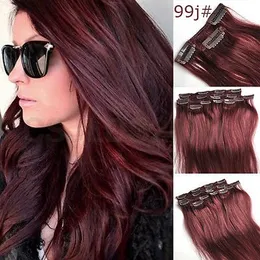 14 "-26 '' Mirgin Remy Clip in Human Hair Extensions 80g 7 sztuk Pełna głowa zestaw kolor # 99J Burgundia czerwony