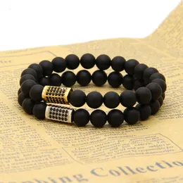 Wholesale Exquisite Micro Inlay Black Cz Rectangle With 8mm Matte Agate Stone Beads Top Quality Bracelet