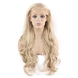 Długa falista popielata blond naturalna koronka z przodu syntetyczna peruka do włosów