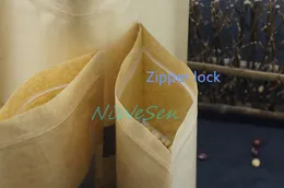 15x22cm, 100pcs / parti x Brown Stand up Kraft Paper Ziplock Väskor med matt CLEAR Fönster-Craft Paper Pack Herbal Powder Zipper Pouch Realealable