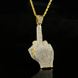 Hip Hop Men Gold color Full Rhinestone Big Middle Finger Pendants Necklaces with 30inch long chain for mens jewelry337r