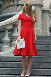 New Simple Red Bridesmaid Dress Short Sleeves Cocktail Dress Scoop Neck Under Knee Prom Dress