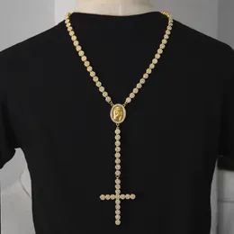 Homens de luxo pingente longo colares colar de ouro prata cheia de strass Jesus rosto com grande cruz pingente colar rosário punk jóias