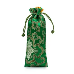 Lengthen Rich Flower Silk Brocade Pouch with Lined Drawstring Jewelry Necklace Gift Bags Wooden Comb Trinket Storage Pocket 7x19 cm