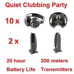 Silent Disco Headphones complete system black folding wireless headset- Quiet Clubbing Party Bundle with 10 receivers 2 Transmitters 200m
