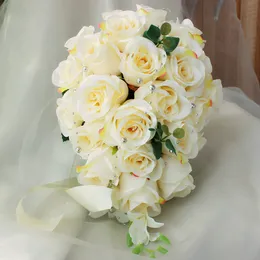 Marfim rosa artificial nupcial cascading bouquet noiva flores casamento fita de seda buque de noiva festa suprimentos