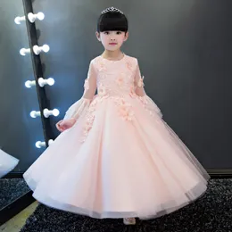 Utsökt Lace Appliques Flower Girl Wedding Dress Pink Tulle Ankel Längd Kids Party Prom Gress First Communion Dresses 1-12t