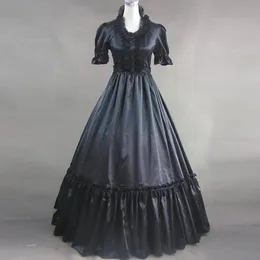 2023 klassisches Retro-Kurzarm-gotisches viktorianisches historisches Kleid-Kostüm aus schwarzer Baumwolle mit Schleife, Party-Ballkleider für Halloween