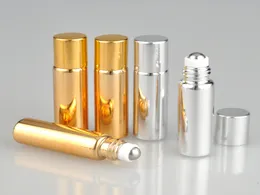 10pcs/lot Free shipping 5ML Metal Roller Refillable Bottle For Essential Oils UV Roll-on Glass Bottles gold & silver colors