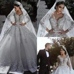 Saudi-arabische Kleider für den Nahen Osten, Kristall-Langarm-Spitze-Ballkleid-Brautkleider 2019, bescheidenes Land-Hochzeitskleid